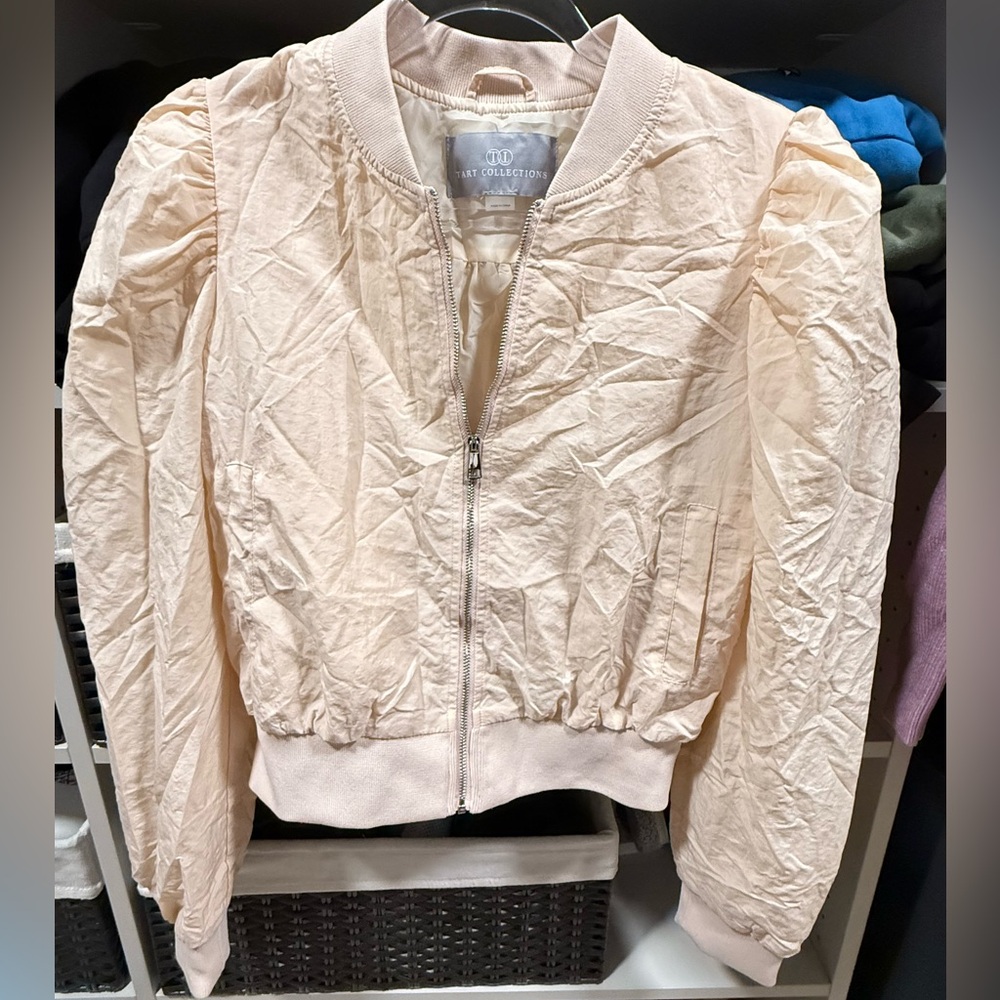 Tart collections crinkle baby pink bomber jacket with puff sleeves